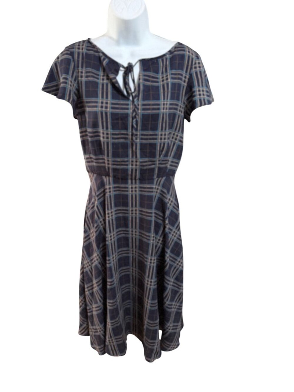 Unique Vintage Navy Plaid Short Sleeve Tie-Front A-Line Dress S